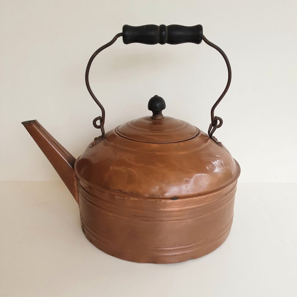 Vintage Copper Kettle with Black Wooden Handle, Large 9.5" Diam.
